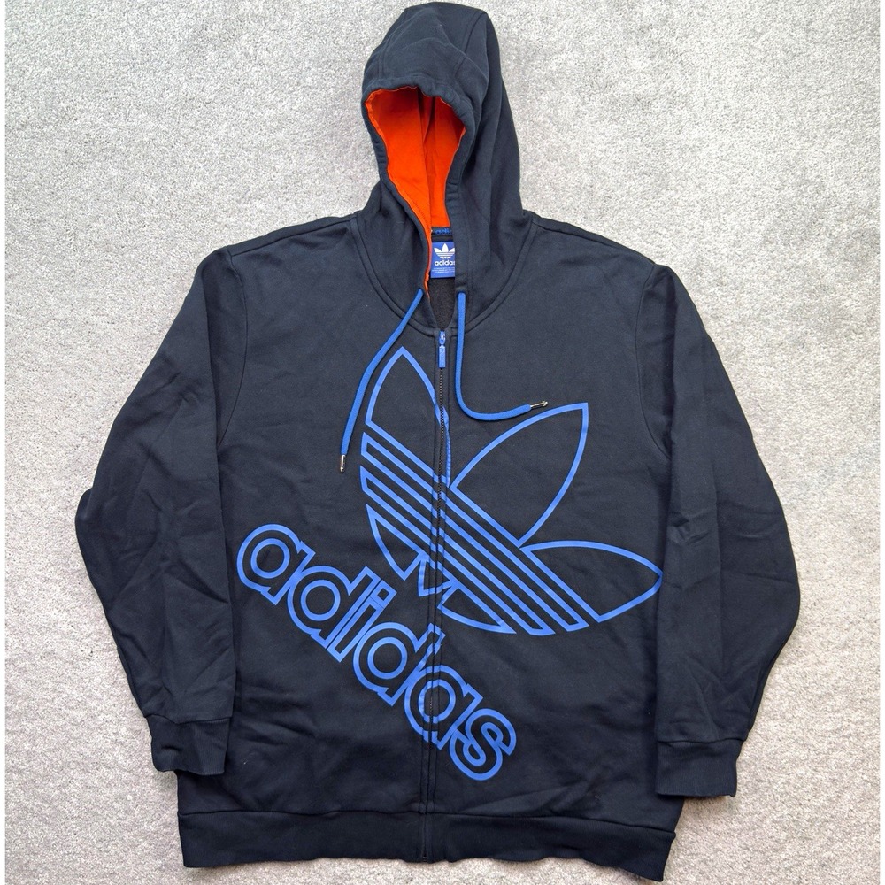 Y2K Adidas Originals Full Zip Hoodie Black Blue Orange Men's 2XL Retro